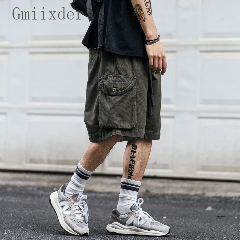 

Men's Elastic Waist Casual Shorts 2023SS Japanese Unisex Multi Pocket Cargo Pants Cityboy High-end Label Half Trousers