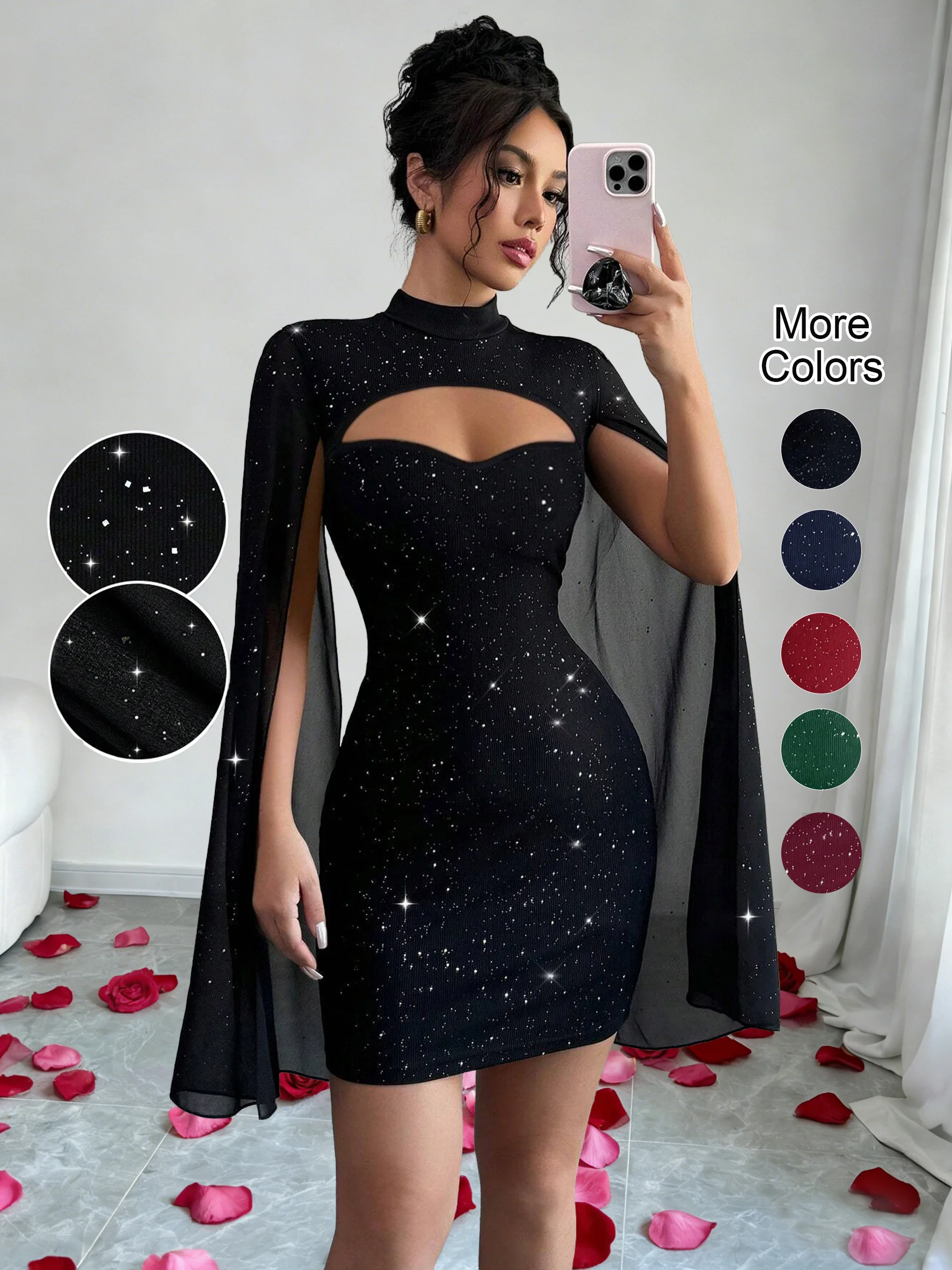  Women's Stand Collar Cape Mini Dress Sequins Sparkling Club Party Night Out Fitted Bodycon Elegant Autumn Winter