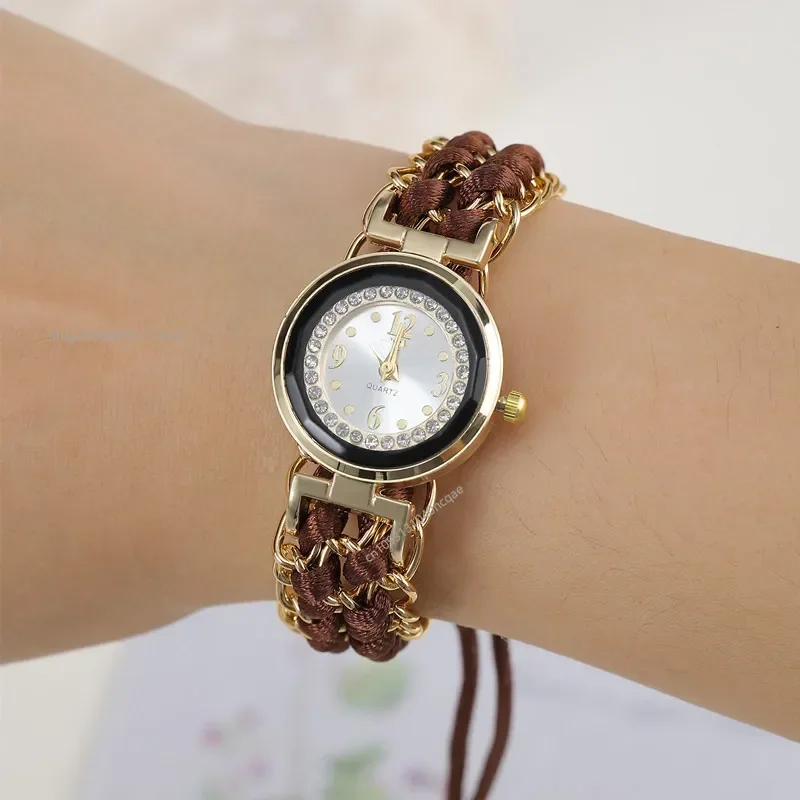 المرأة الحياكة حبل سلسلة لف التناظرية حركة الكوارتز ساعة معصم عصرية أسلوب بسيط كوارتز ساعة اليد Reloj Mujer