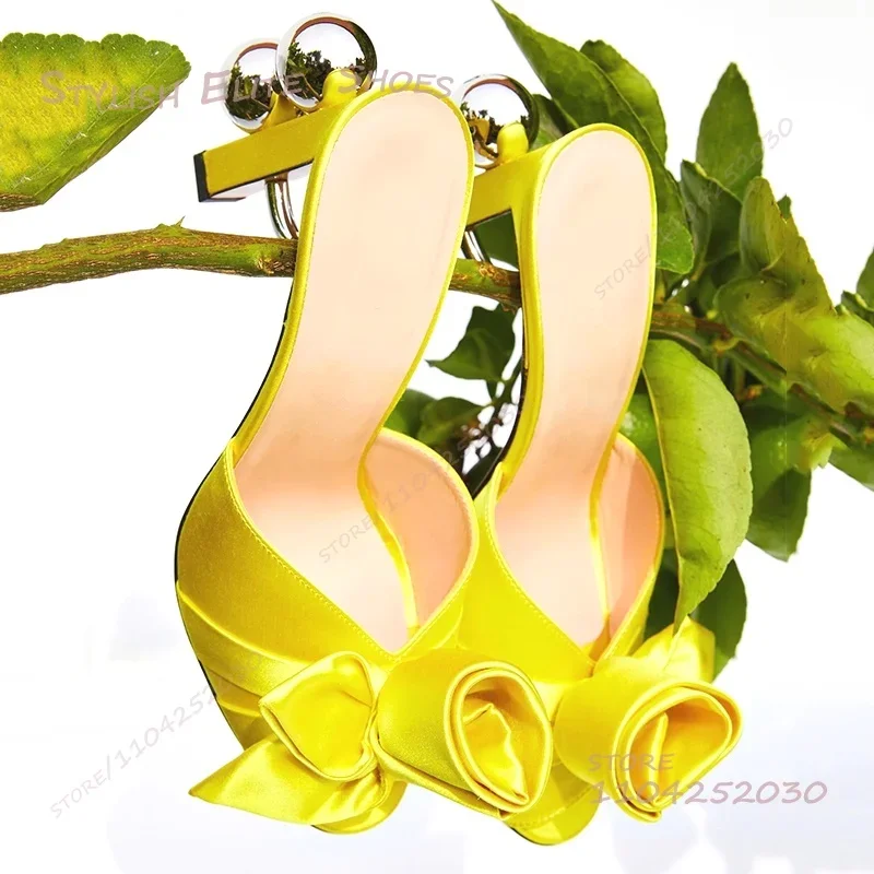 

Bright Yellow Satin Rose Red Design Peep Slippers Girls Rose Red Silk Sandals Metal Buckle Stiletto Blue Heels Cute Women Shoes