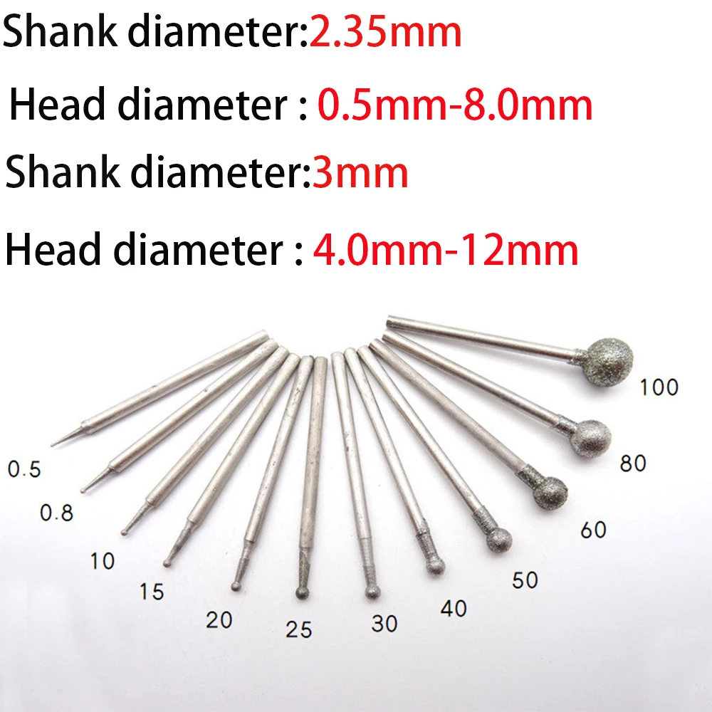 0.5/ 0.8 /1.0-12mm F Type Spherical Grind Needle Head Cutter Jade Carve Tools Engrave Rotary Burr Tool 2.35mm/3mm Shank