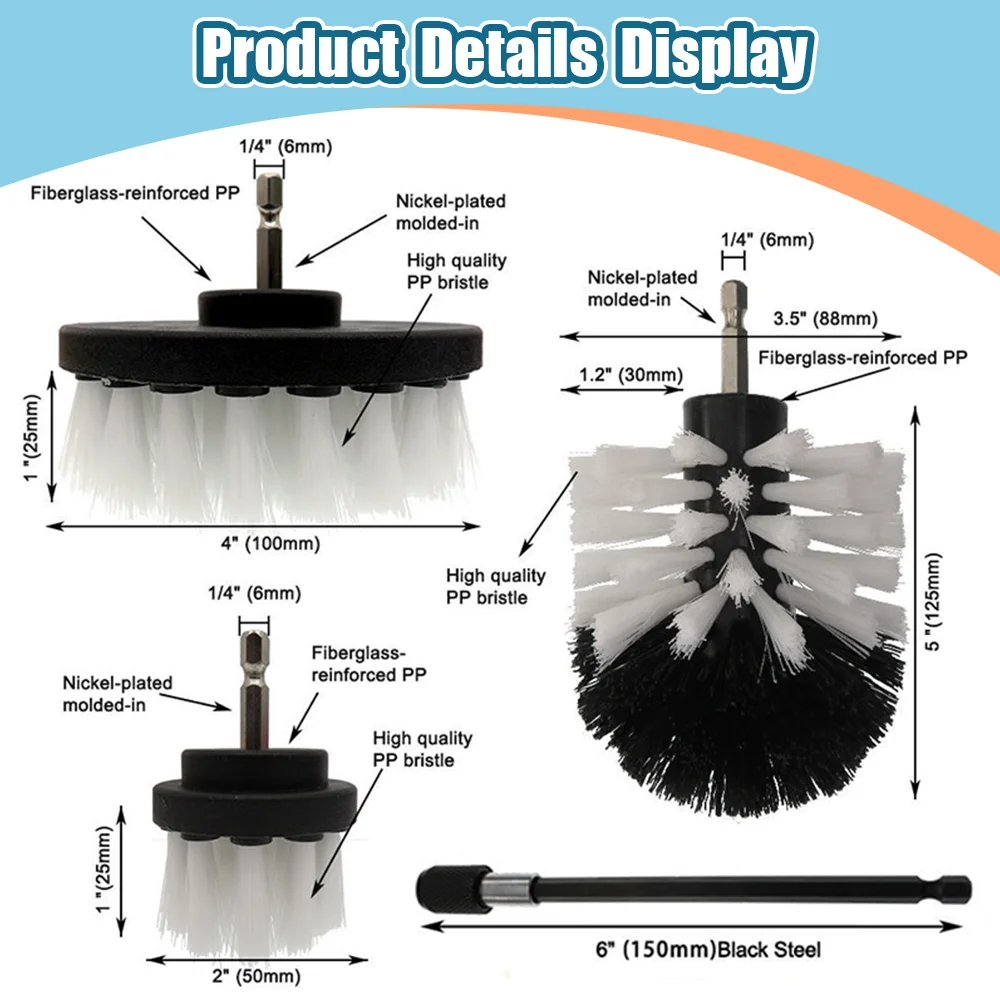 2/3.5/4/5 \'\'자동차 청소 브러시, 드릴-브러시, 파워 클리닝 브러시 세트, 자동차 폴리셔 스폰지, 전기 홈 타일 청소 브러시 도구