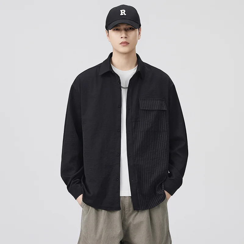 جديد الرجال المرقعة اللون كتلة قميص عالية الشارع غرامة شريط تصميم قميص الرجال فضفاضة تناسب تنوعا عادية طويلة الأكمام قميص