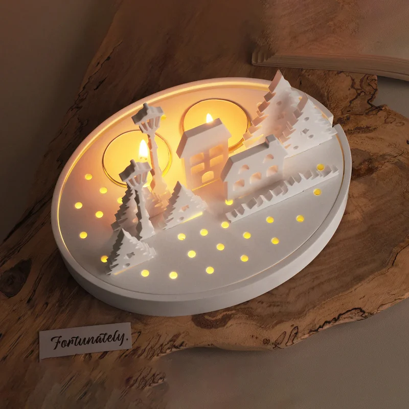 

Hollow House Design Silicone Mold for Tealight Candle DIY Street Lamp Tree Ornaments Gypsum Resin Pouring Home Decor