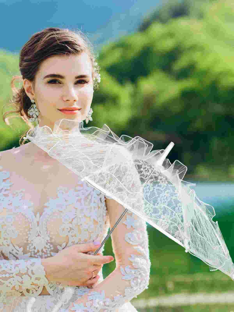 *فستان زفاف العروس البيضاء اليدوية مظلة الدانتيل القطن المظلة الزفاف الطفل التطريز