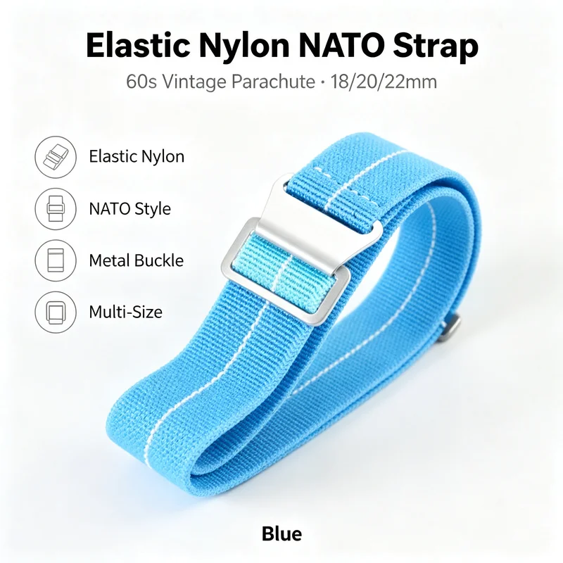 18mm 20mm 22mm Premium Elastic Nylon NATO Strap 60s Vintage Parachute Blue Metal Buckle Multi-Color Men's Replacement Watch Band