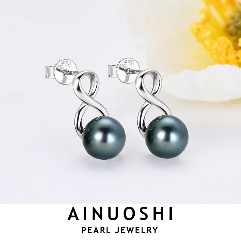 

AINUOSHI 7.5-8mm Tahitian Black Pearl Drop Earring for Women 925 Sterling Silver Earings Bohemia Pendientes Plata 925 Jewelry