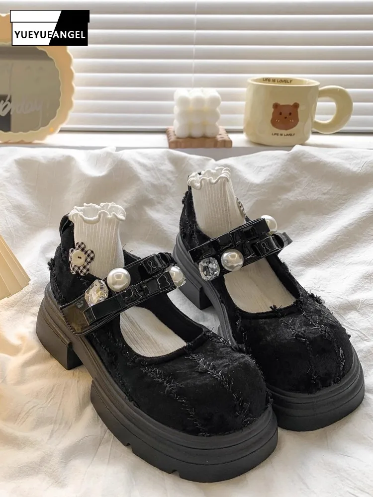 

Винтажные женские туфли-лодочки на толстой платформе с круглым носком и бриллиантами, жемчугом и бантом, милые женские туфли на высоком каблуке с низким вырезом, повседневная обувь