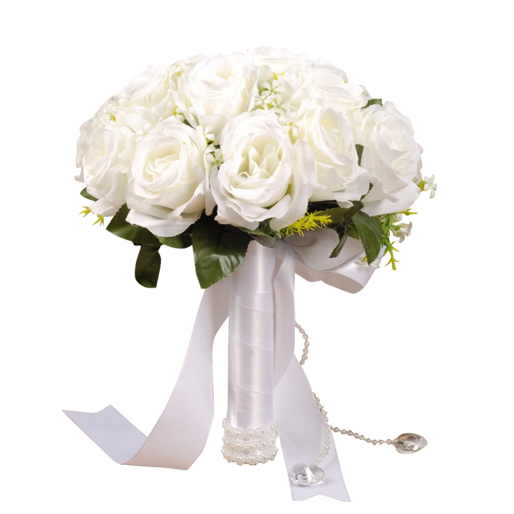 

Wedding Roses Bouquets with Pearl Ribbon Bridal Hand Ornament Handicraft Artificial Decorative Flowers for Engagement