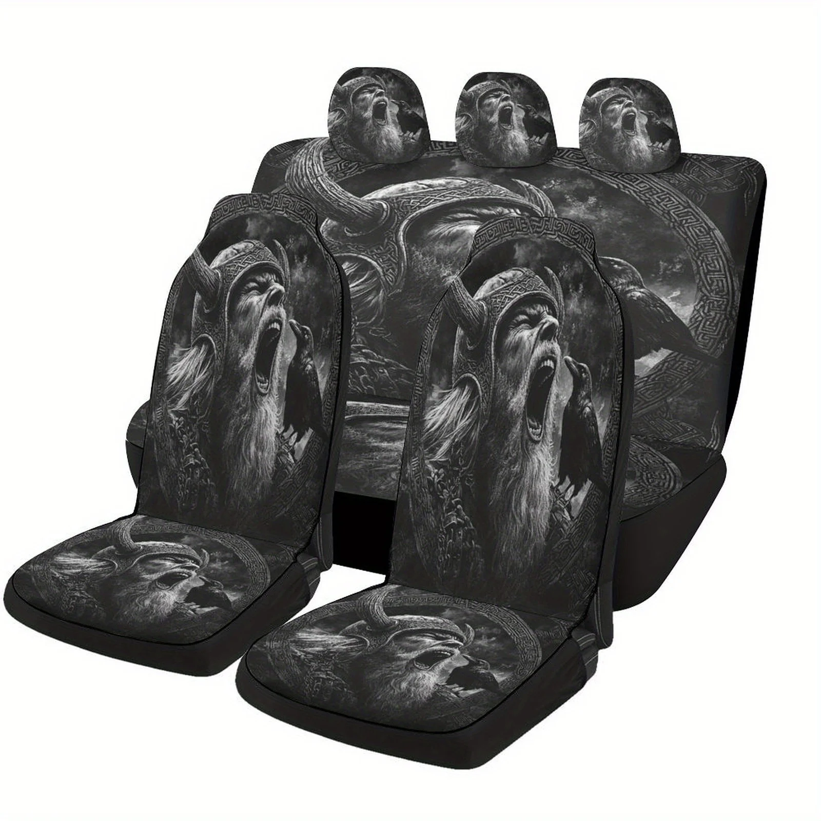Car Seat Cover Set Featuring A Viking Warrior Design, Suitable For A Variety Of Vehicles. These High-Quality, Personalized Prote