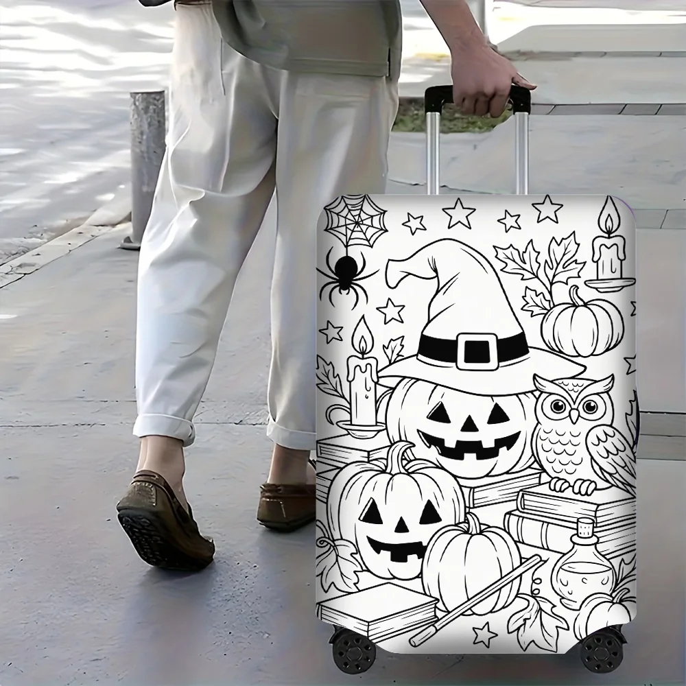 1PC Halloween themed luggage cover with manual doodle colors. Fits luggage sizes 18-32 inches; dust and elastic travel accessori