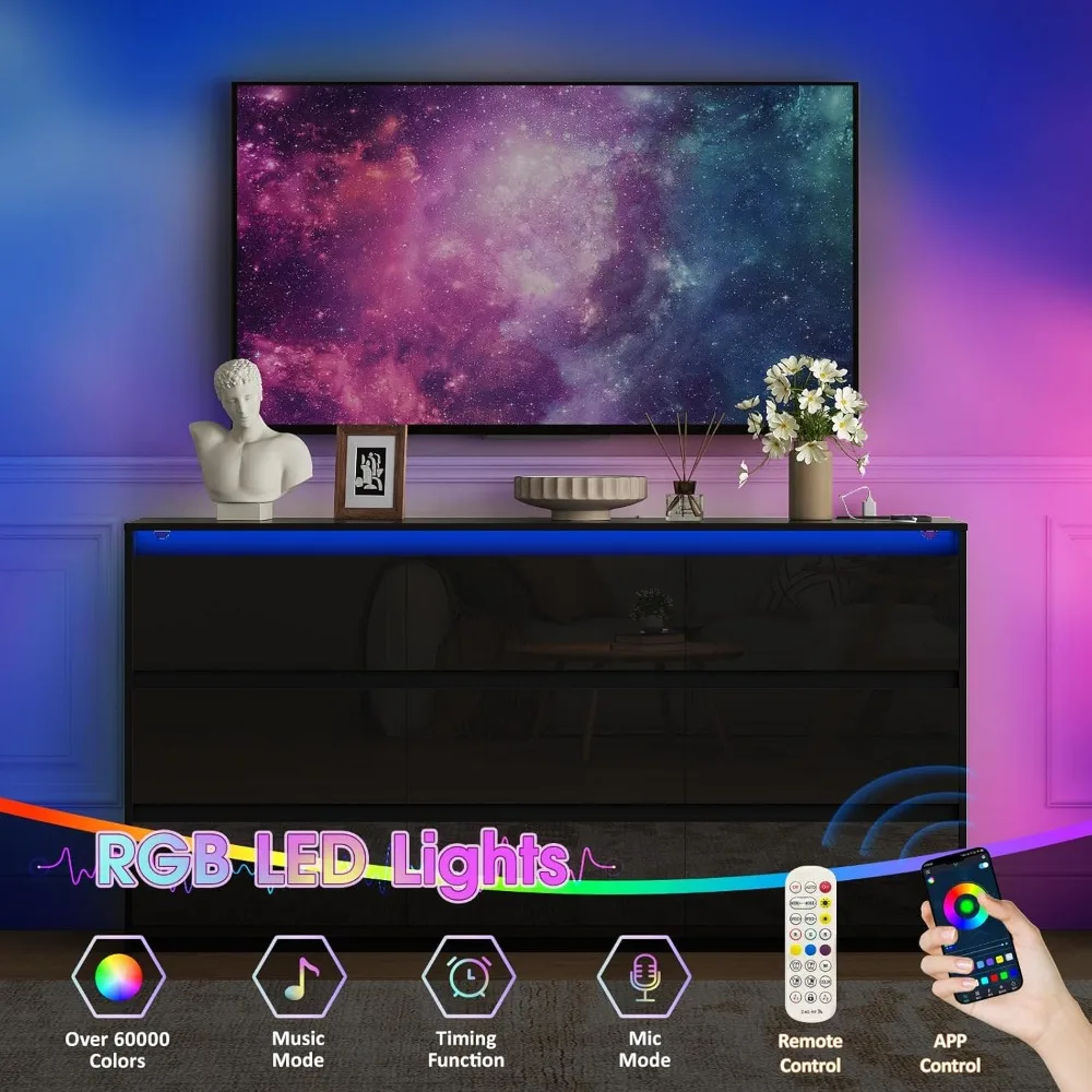 حامل تلفزيون أسود، خزانة تخزين مع 9 أدراج لغرفة النوم، خزانة كبيرة حديثة عالية اللمعان لمكتب غرفة المعيشة (63 بوصة عرض)