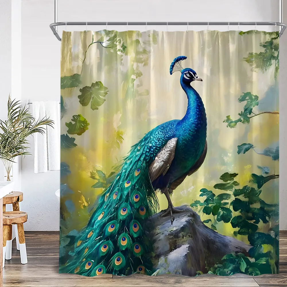 Peacock Oil Painting Shower Curtain Elegant Beautiful Bird Animal Printed Bathroom Decor Floral Plant Bathtub Curtain with Hook