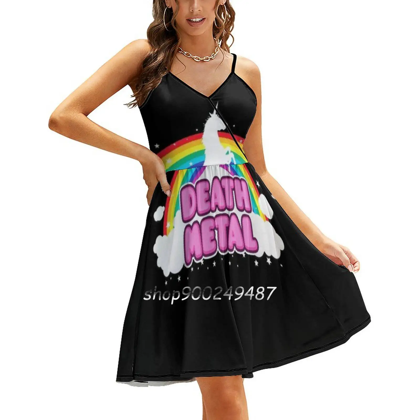 Death Metal! ( Funny Unicorn / Rainbow Mosh Parody Design ) Sling Dress Sexy Dress Female High Waist Dresses For Women Music