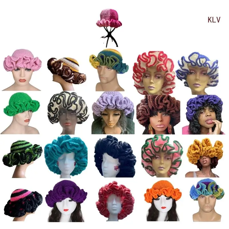 Sweet Girls Crochet Ruffled Brim Bucket Hat Ladies Fisherman Hat Exaggerated Teens Winter Windproof Hat
