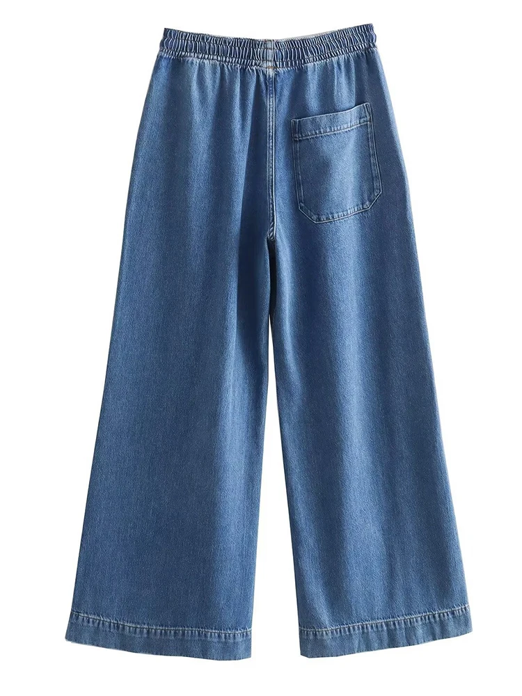 [EAM] Big Size Blue Denim Shirt Wide Leg Pants Two Piece Suit New Lapel Long Sleeve Women Fashion Spring Autumn 2024 1DH6390
