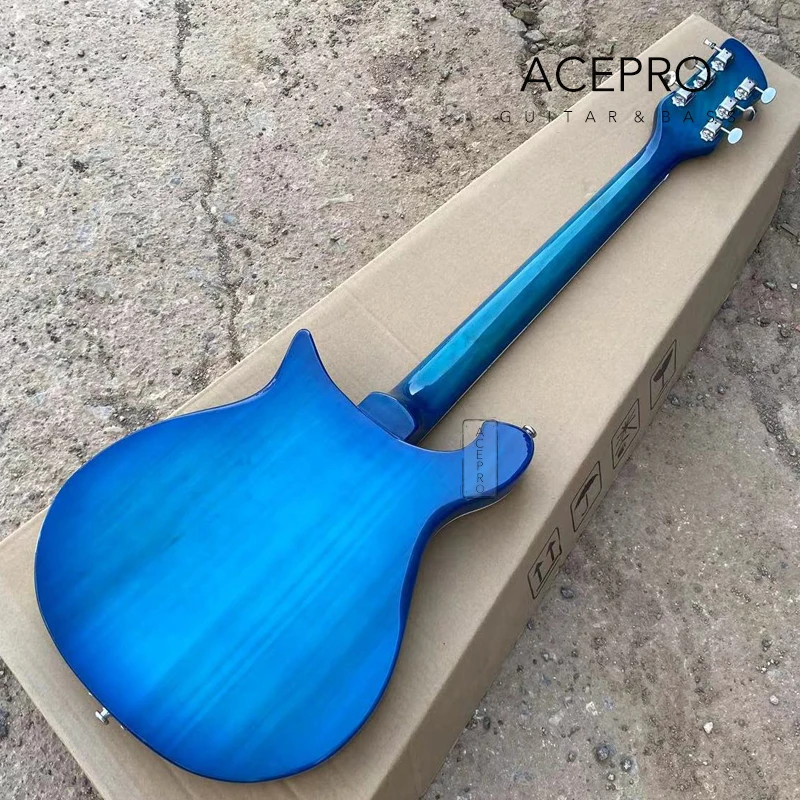 660 Electric Guitar Trapeze Tailpiece, Blue 6 String Guitarra, Gold Pickguard, Checkerboard Binding Guitarra