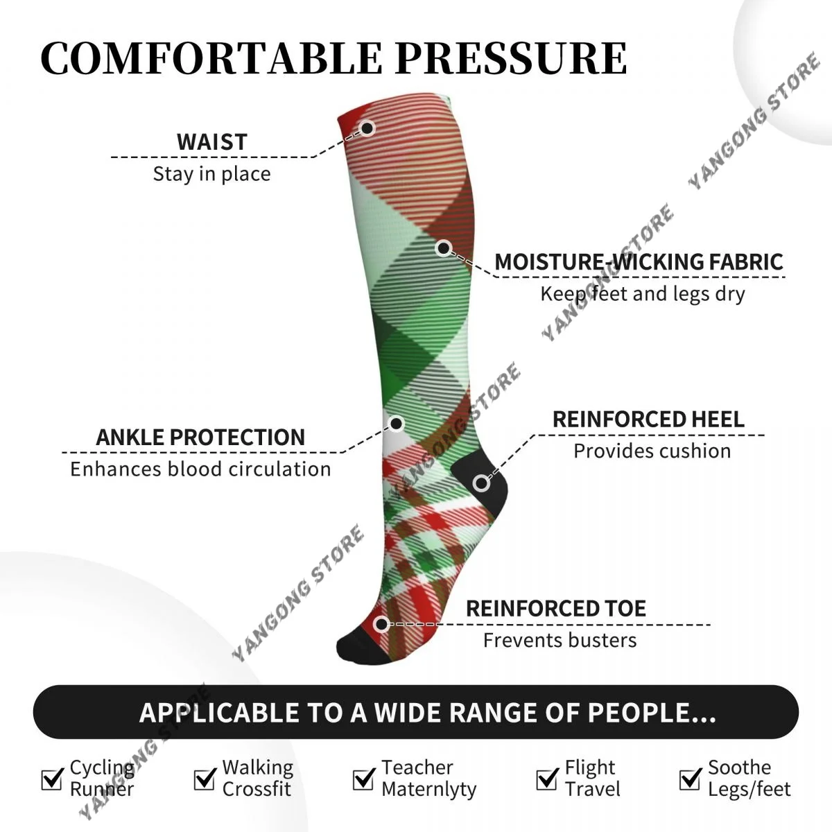 Christmas Plaid Check Pattern Women Girls Compression Socks