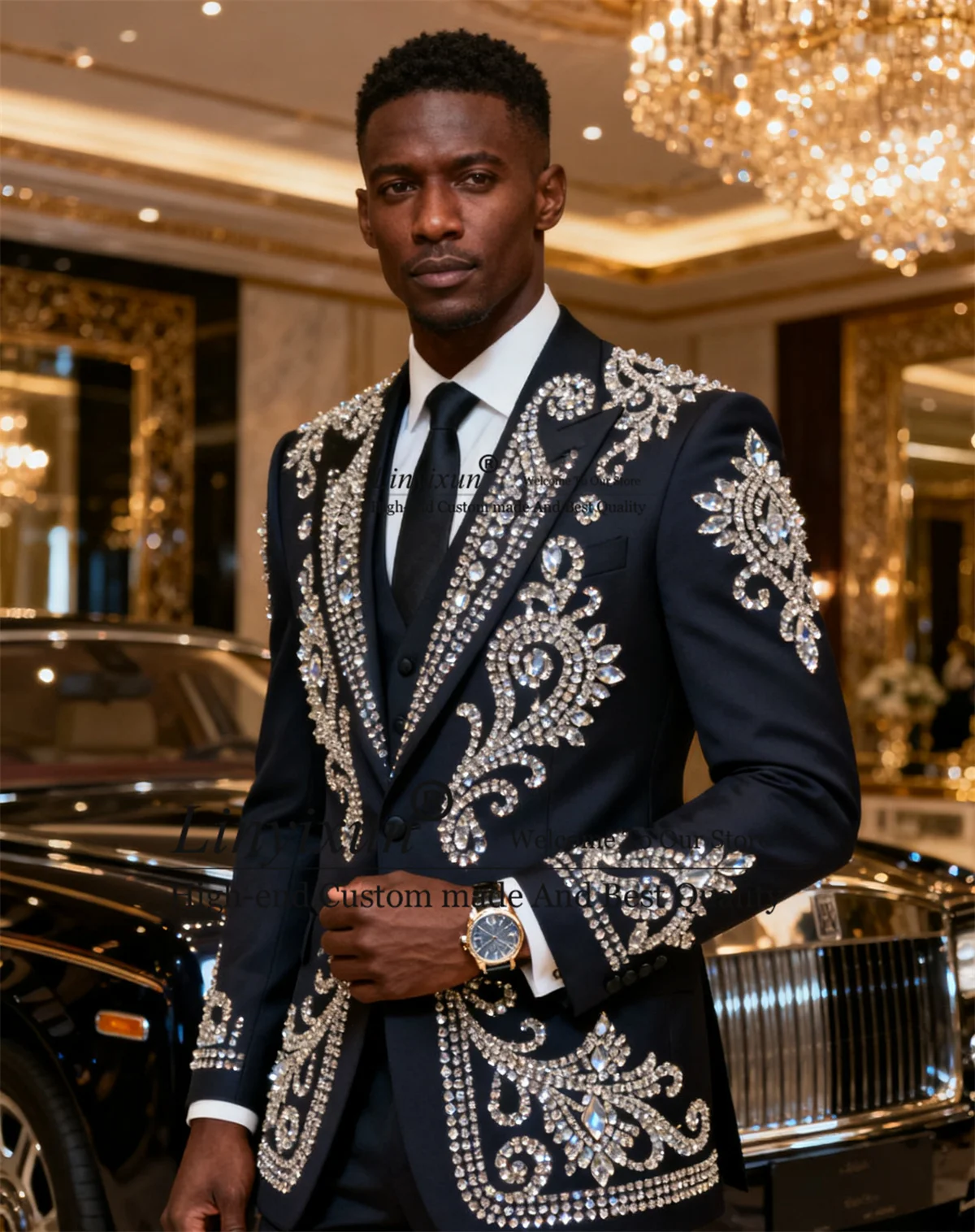 

Sparkly Rhinestone Gem Men Suits Customized Groom Tuxedos Slim Fit trajes para hombre 3 Pieces Sets Male Prom Party Blazers