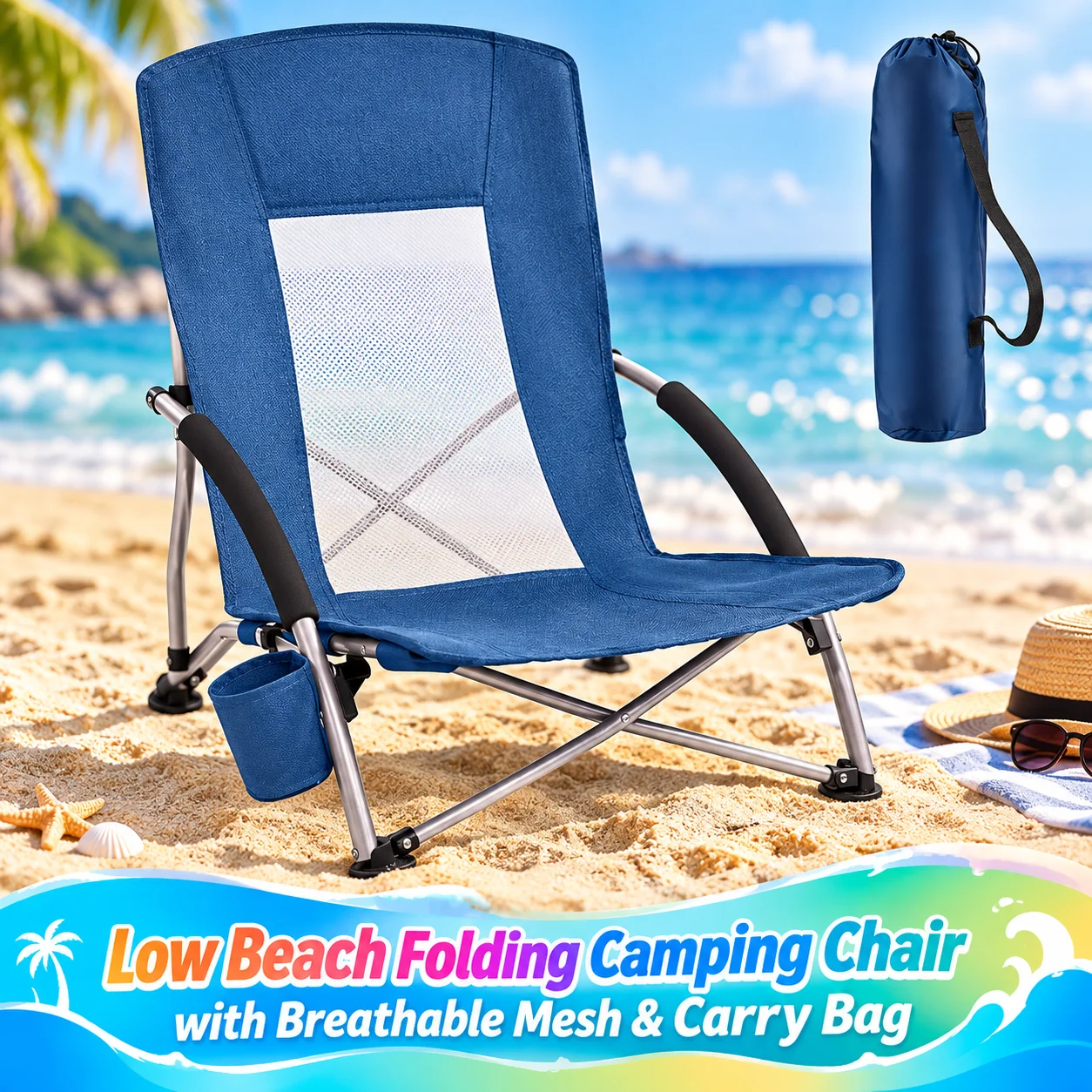Low Profile Beach Chairs for Adults, Lightweight Portable Outdoor Folding Camping Chair with Cup Holder, Breathable Mesh Back, Reinforced Frame Supports 350 LBS, Storage Carry Bag for Sand Lawn Travel Picnic Festival Concert