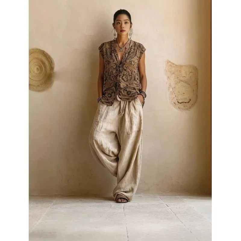 Vintage Print 3-Piece Set Women Casual Long Sleeve Long Cardigan Coat + V-Neck Top+ Wide-leg Trousers Loose Long Pants Sets 2026 view 5