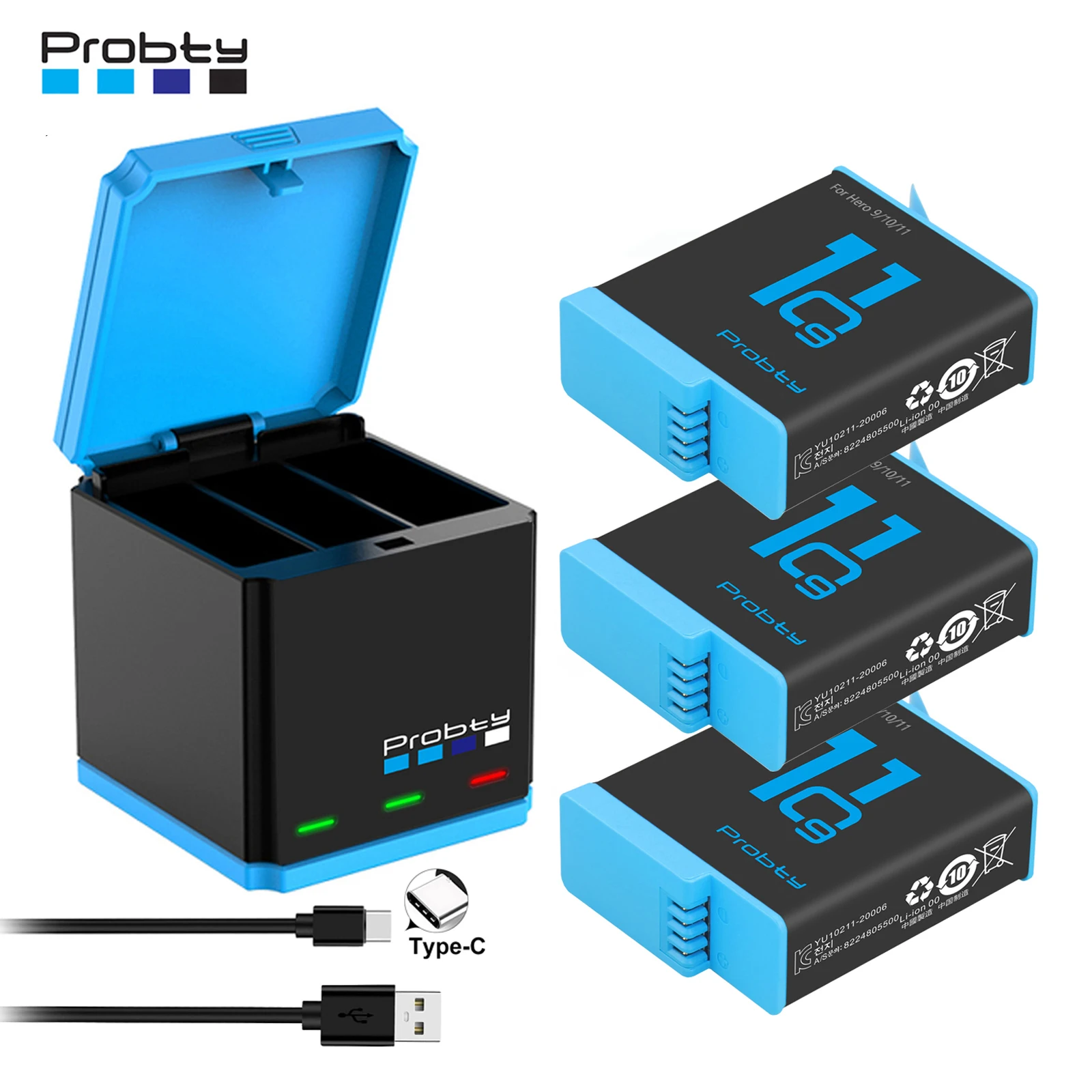 Probty-Batería de 1850 mAh para cámara deportiva, cargador de 3 ranuras LED para GoPro Hero 12, 11, 10, 11