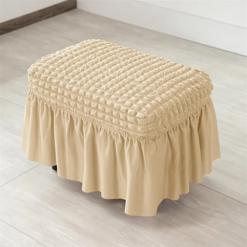 

Seersucker Footstool Skirt Cover Durable Stretch Spandex Ottoman Cover Solid Color Non Slip Footrest Slipcover for Living Room