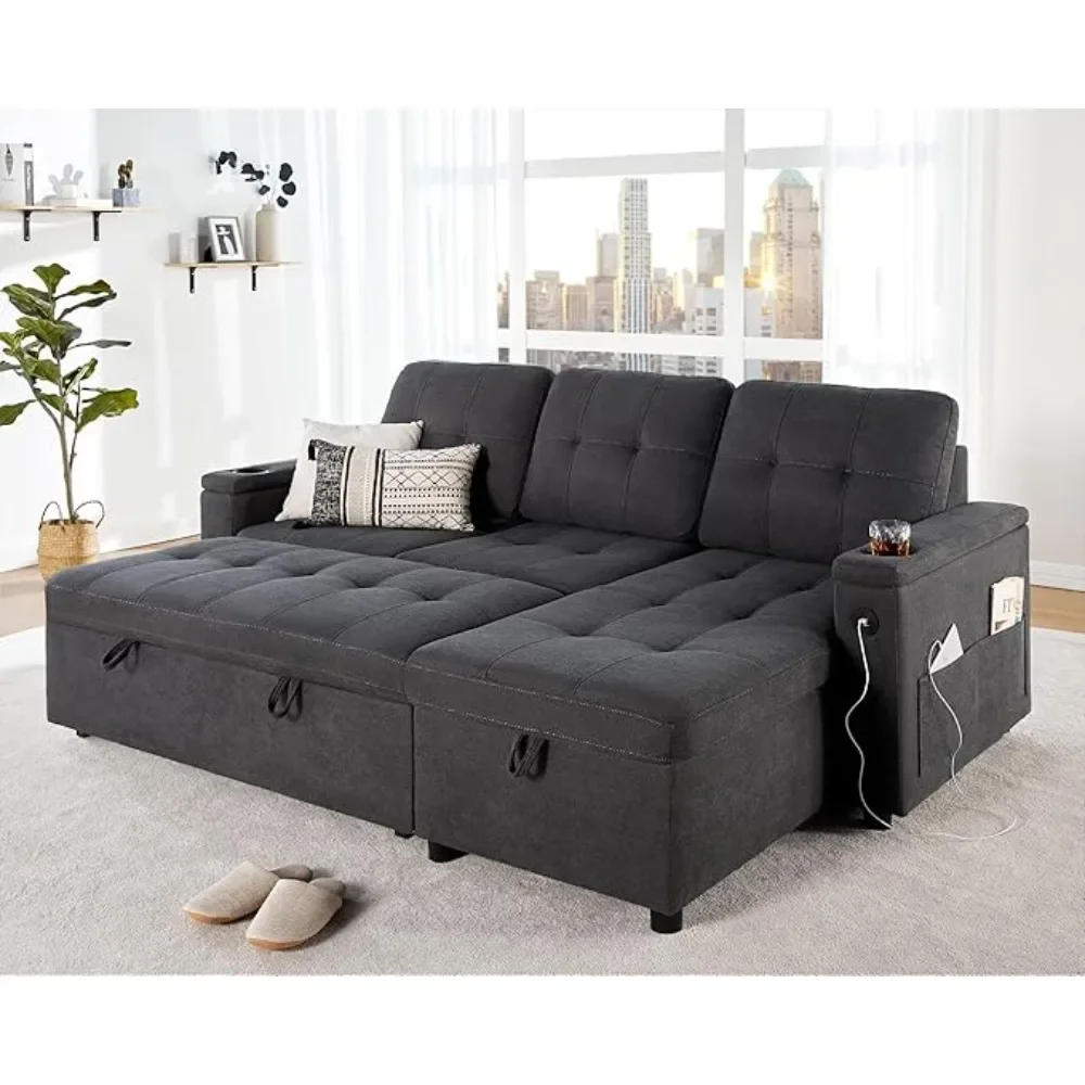 

Sleeper Sofa, Pull Out Couch with USB Charging Socket & Cup Holders, Convertible Sofa Bed with Storage, L-Shaped Couches
