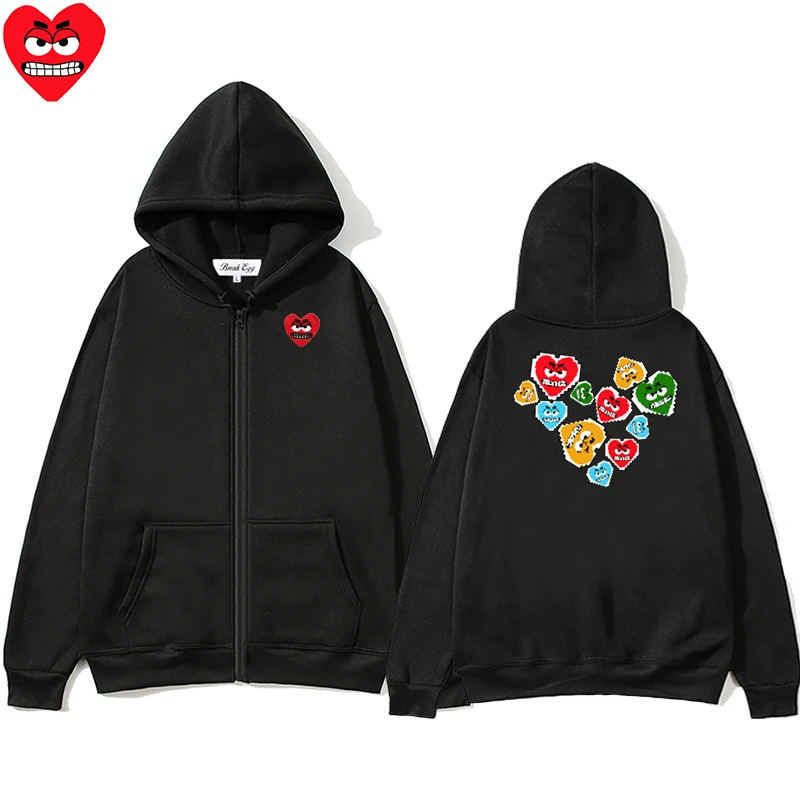 Sudadera con capucha con cremallera y estampado de Little Love para hombre y mujer, suéter holgado y fino con bolsillo de poliéster bordado de corazón y bonito para otoño