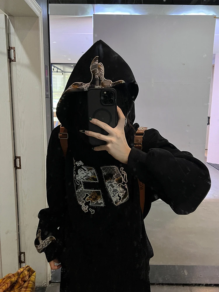 

Американский свитшот High Street с кружевом в стиле пэчворк и вышивкой, женский осенне-зимний модный брендовый свитер для пар, большие размеры Fce Li...