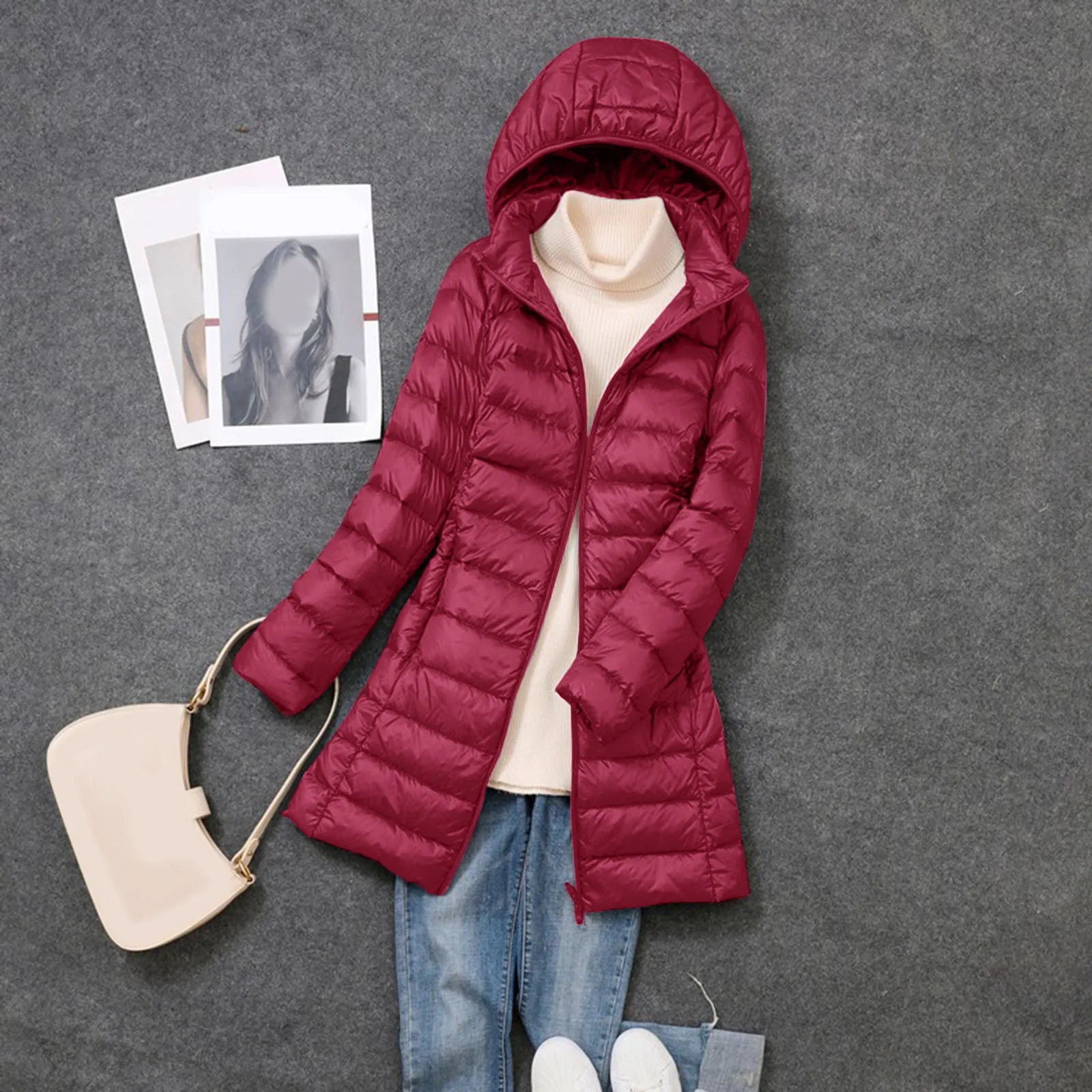 2024 Women Autumn Winter Jacket Ultralight Thin Packable Down Long Jacket Female Hat Detachable Slim Fit Coat Portable Outwear