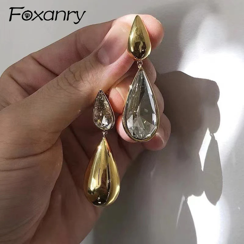 Foxanry Sparkling Zircon Water Drop Geometric Earrings For Women Girls Fashion Vintage Classic Elegant Engagement Jewelry Gifts