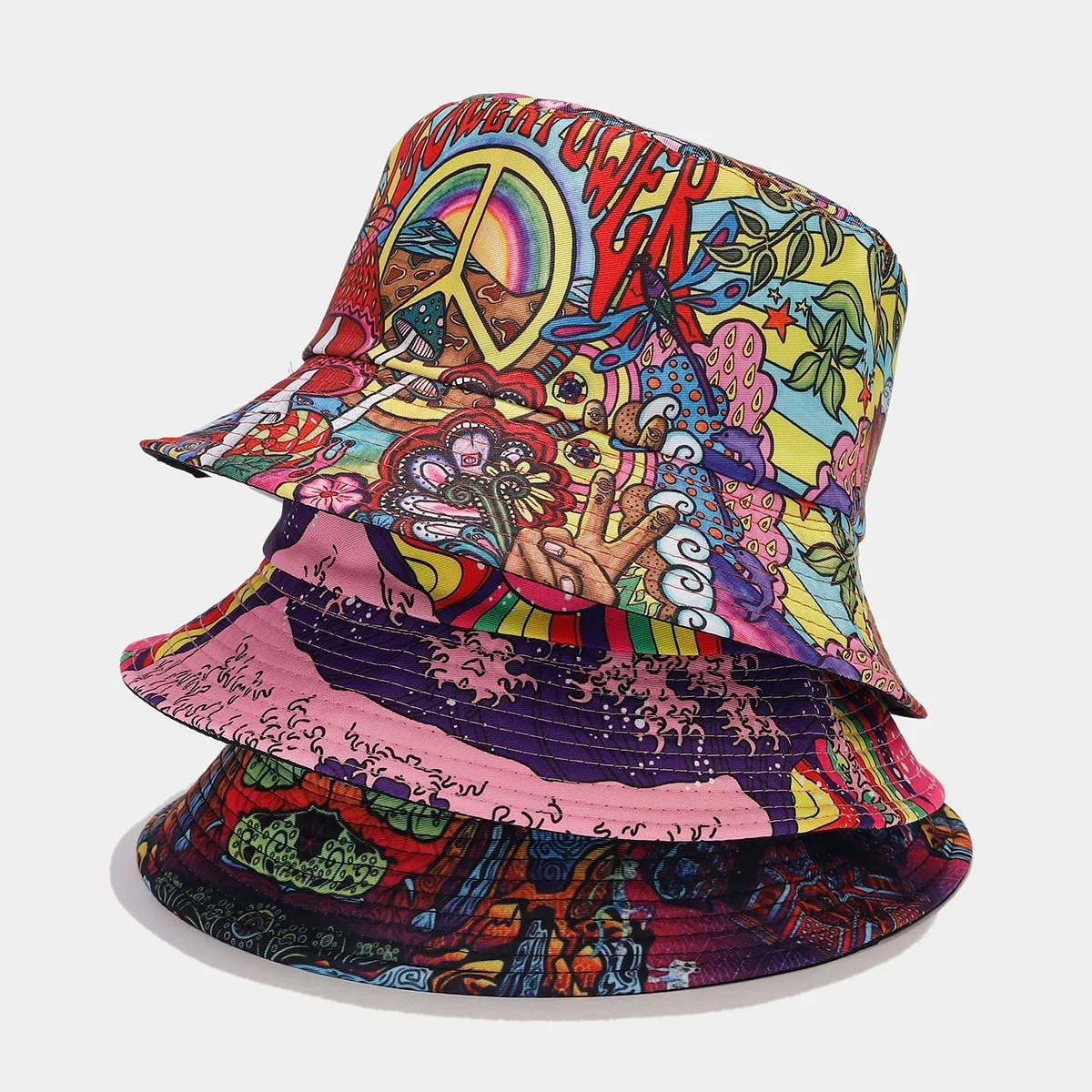 Summer Vintage 80 90 Party Graffiti Bucket Hat Men Women Reversible Panama European  American Classics Bob Fishing Beach Sun Hat