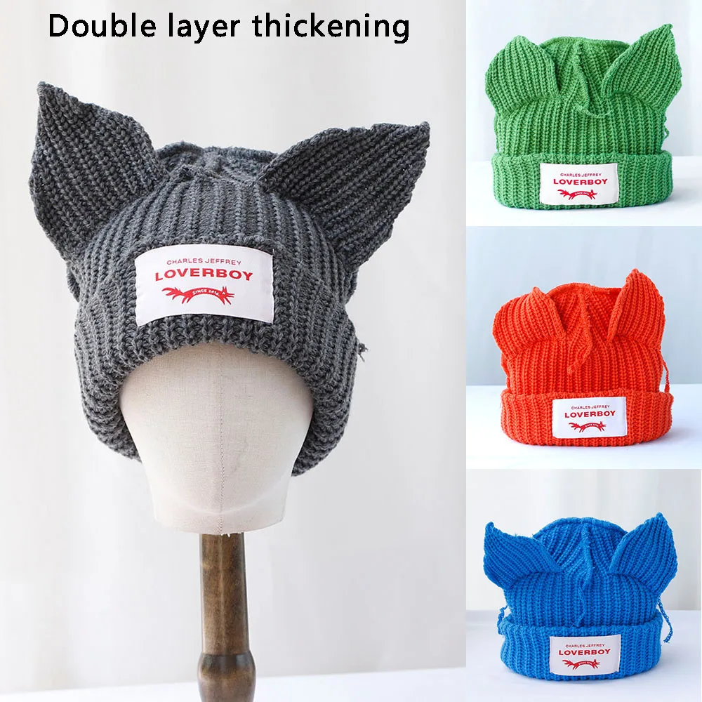 

2024 Winter Skullies Cute Women green colour fox Hat Crochet Knitted Hat Costume Beanie Hats Women christmas Gift Hip-hop Cap