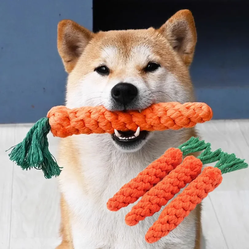

2Pcs Carrot Dog Bite Rope Pet Dog Toys Safe Durable Braided Bite Dog Chew Toys Resistant Puppy Molar Cleaning Teeth Cotton Rope