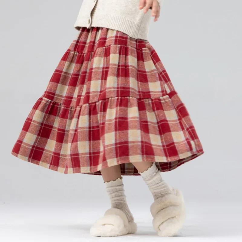 Classic Plaid Girls Woolen Skirt Autumn Winter Fashion Warm Mid-length Teen Children A-line Skirt Casual Elegant Princess Skirt