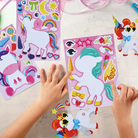 12Sheets Rainbow Horse Children DIY Puzzle Sticker Games Unicorn Birthday Party Make A Face Funny Assemble Jigsaw Stickers Gifts