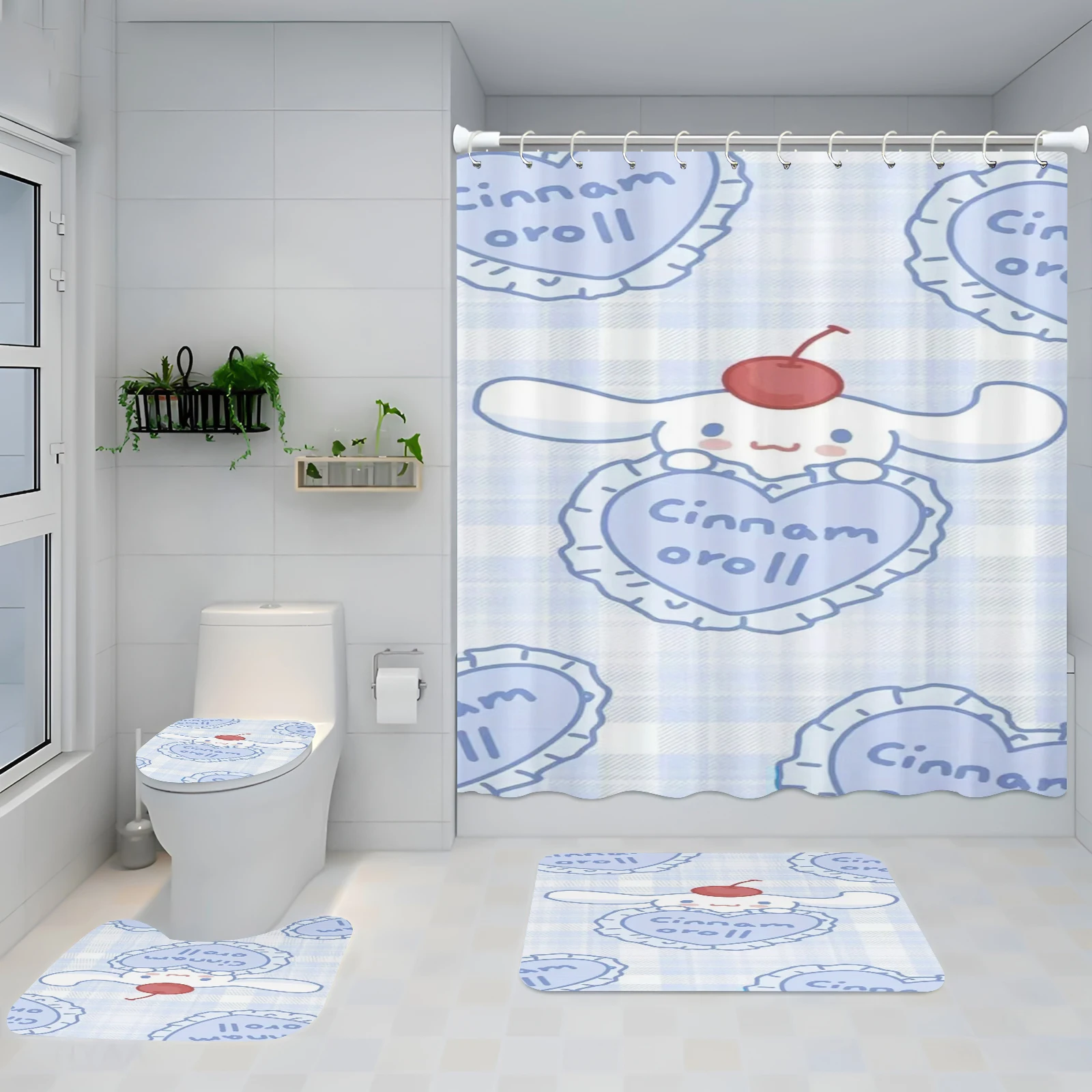 Cinnamoroll Cartoon Shower Curtain 4 Pcs Polyester Sanrio Luxury Accessories Sets Full Set Mats Gifts For Kids