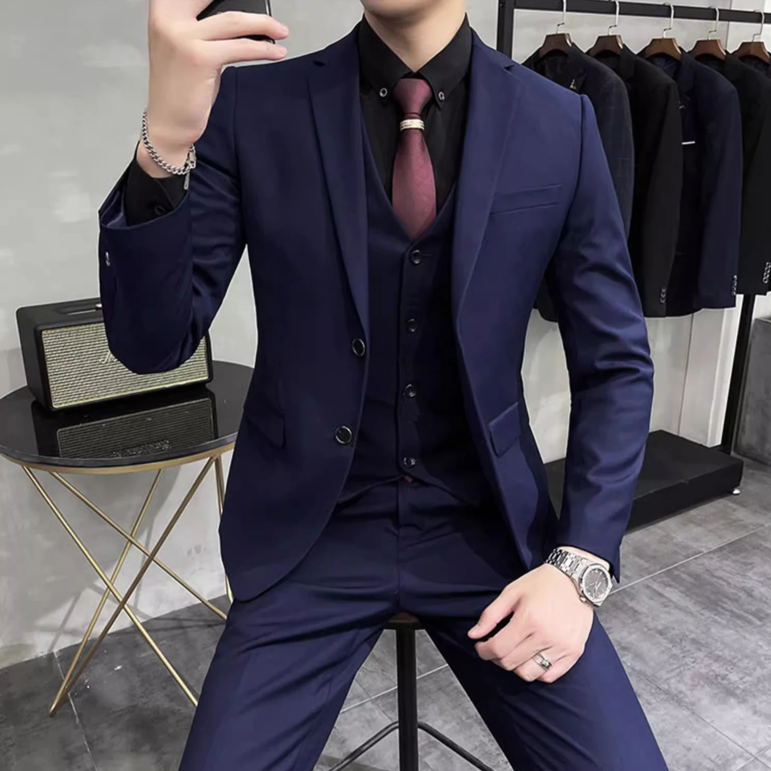 ( Jacket + Vest + Pants ) New High End Brand Solid Color Men\'s Casual Business Office Formal Suit 3Pcs Set Groom\'s Wedding Dress