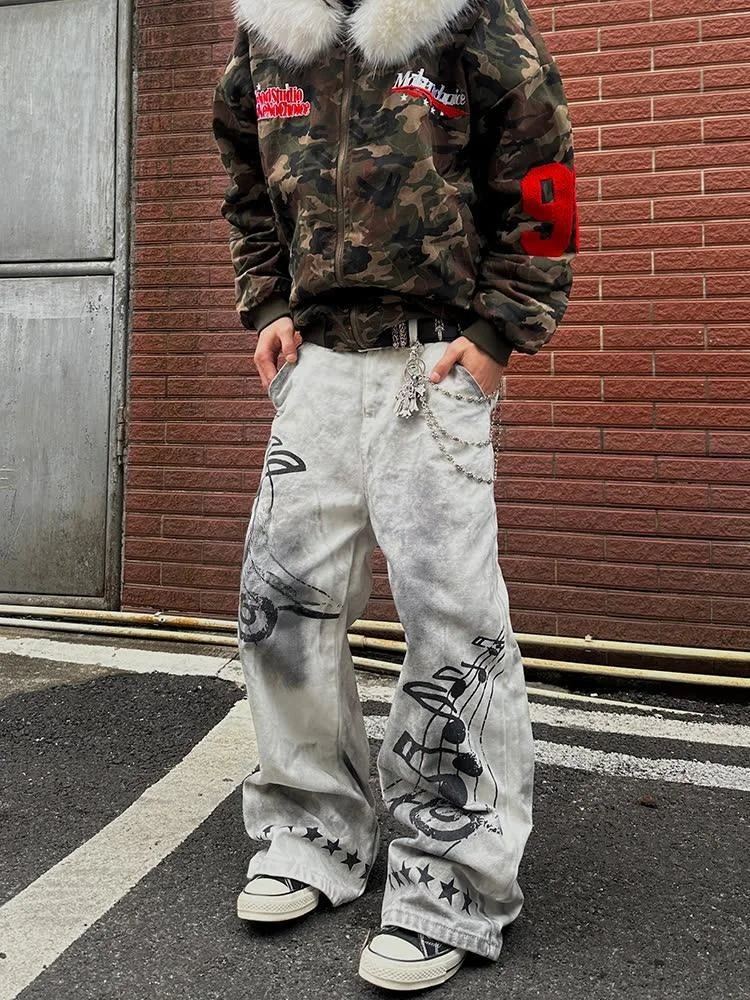 

American Hip Hop Trendy Loose Fit Star Print Jeans Men's Straight Leg Casual Long Trousers Durable Water Waed Denim