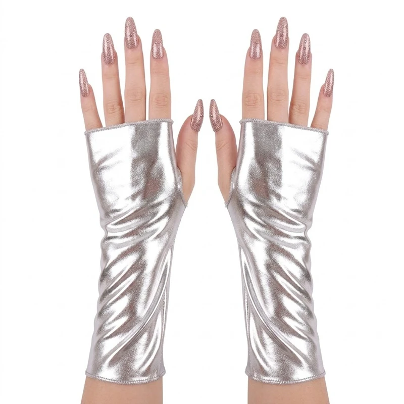 Guanti Senza Dita Metallizzati Sexy e Lucidi da 23cm, Maniche Lunghe per Cosplay, Spettacoli e Feste in Costume
