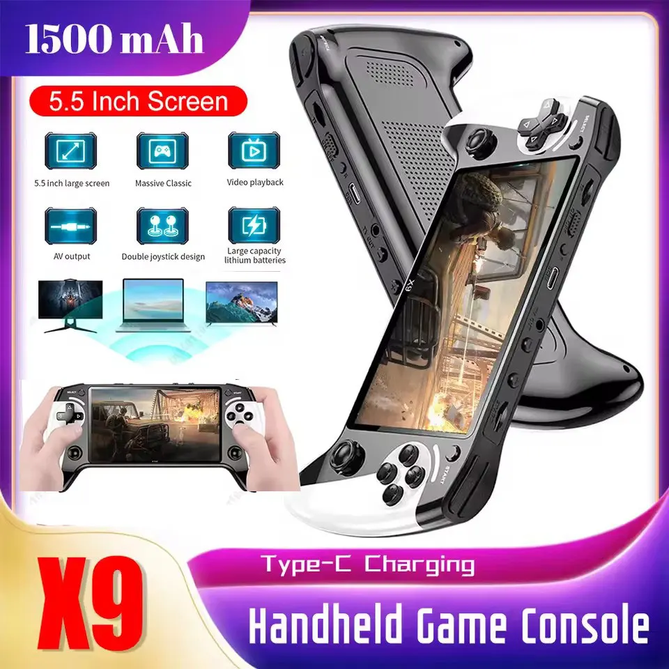 وحدة تحكم ألعاب محمولة X9 مدمجة 9 محاكيات ألعاب كلاسيكية شاشة 5.5 بوصة 1500 مللي أمبير في الساعة 360 °   مشغل ألعاب فيديو ريترو غير قابل للانزلاق