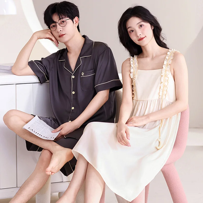 Couple Pajamas Women Summer Nightdress Men's Cardigan Short sleeve Pijamas Suit Young Boy Girl Homewear 2024 Ice Silk Loungewear