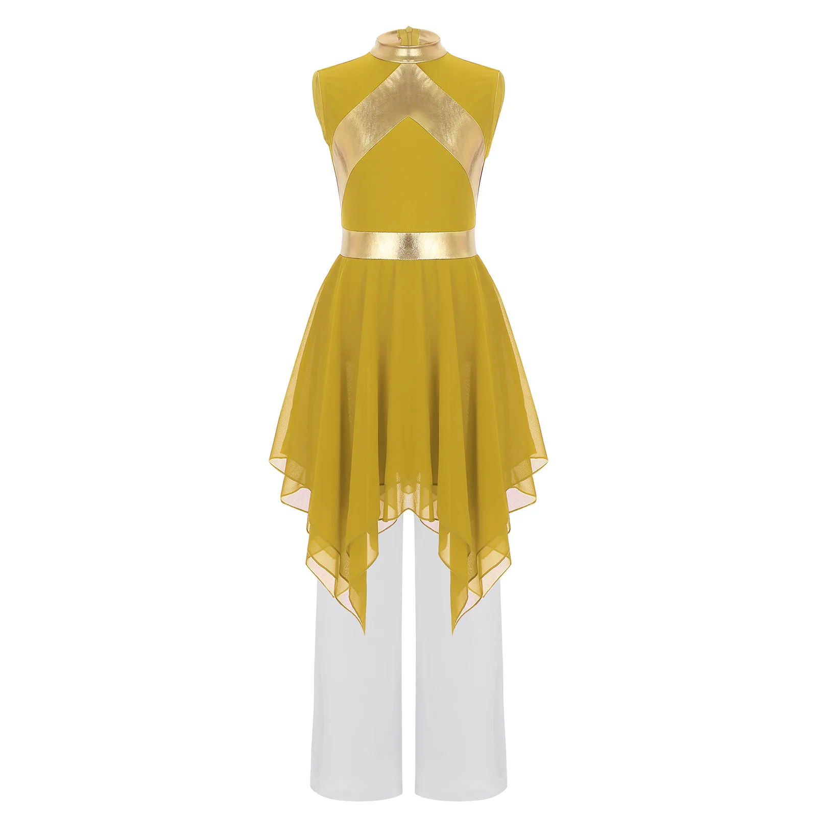 Kids Girls Church Worship Dress Lyrical Liturgical Praise Dance Outfit Metallic Asymmetrical Hem Dress with Wide-Leg Pants