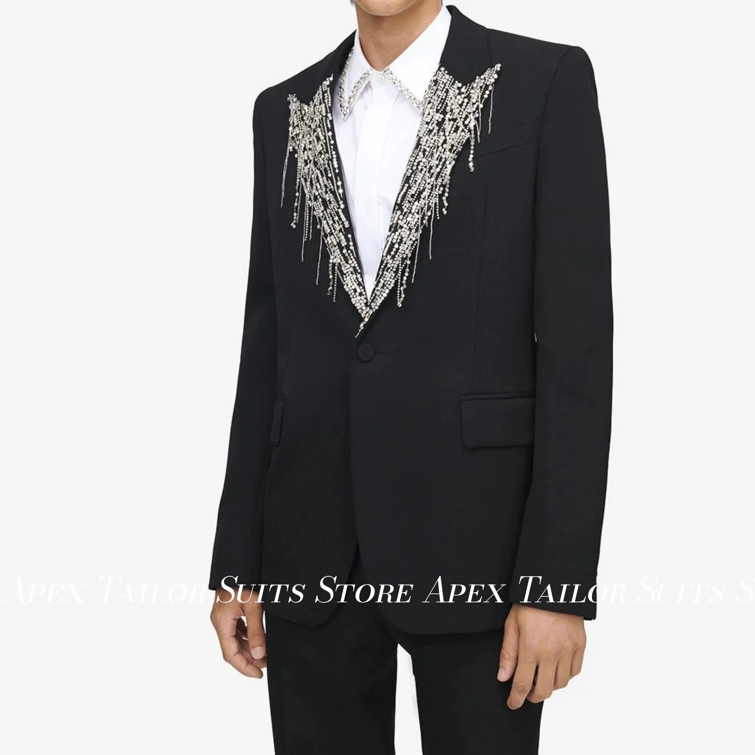 Luxury Men Black Tuxedo Suit 2 Piece Peak Lapel Crystal Rhinestone Fringe Embellished Blazer Pants Wedding Evening Party Outfit