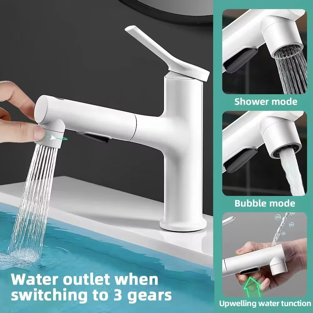 Single Hole Bathroom Sink Pull-out Faucet, Hot & Cold Water Mixer Tap, Upward Spray for Gargle, Bathroom Basin Faucet Accessorie