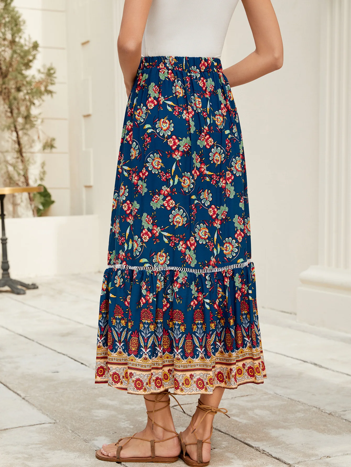 2025 Vacanza Blu scuro Stampa Rayon Gonna bohemien Allentato Casual Beach Style Swing Gonna a trapezio Estate Jupe femminile