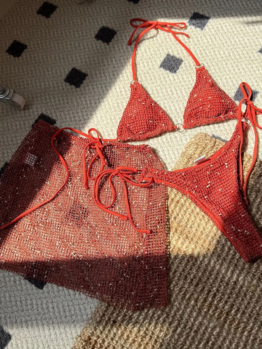 Sexy Mesh 3 Piece Bikini Women Swimsuit 2025 Triangle Swimwear Bikinis Set Swimming for Beach Dress Cover Up Female Bathing Suit