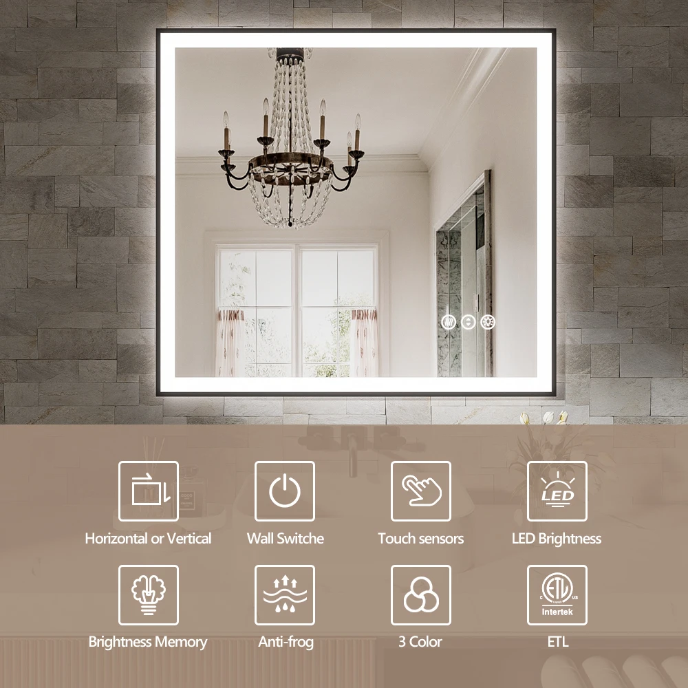 SH.KL 32x36 Inches Smart Anti-Fog LED Bath Mirror with Front light and backlight, 3-Color, Brightness Adjustable and Memory