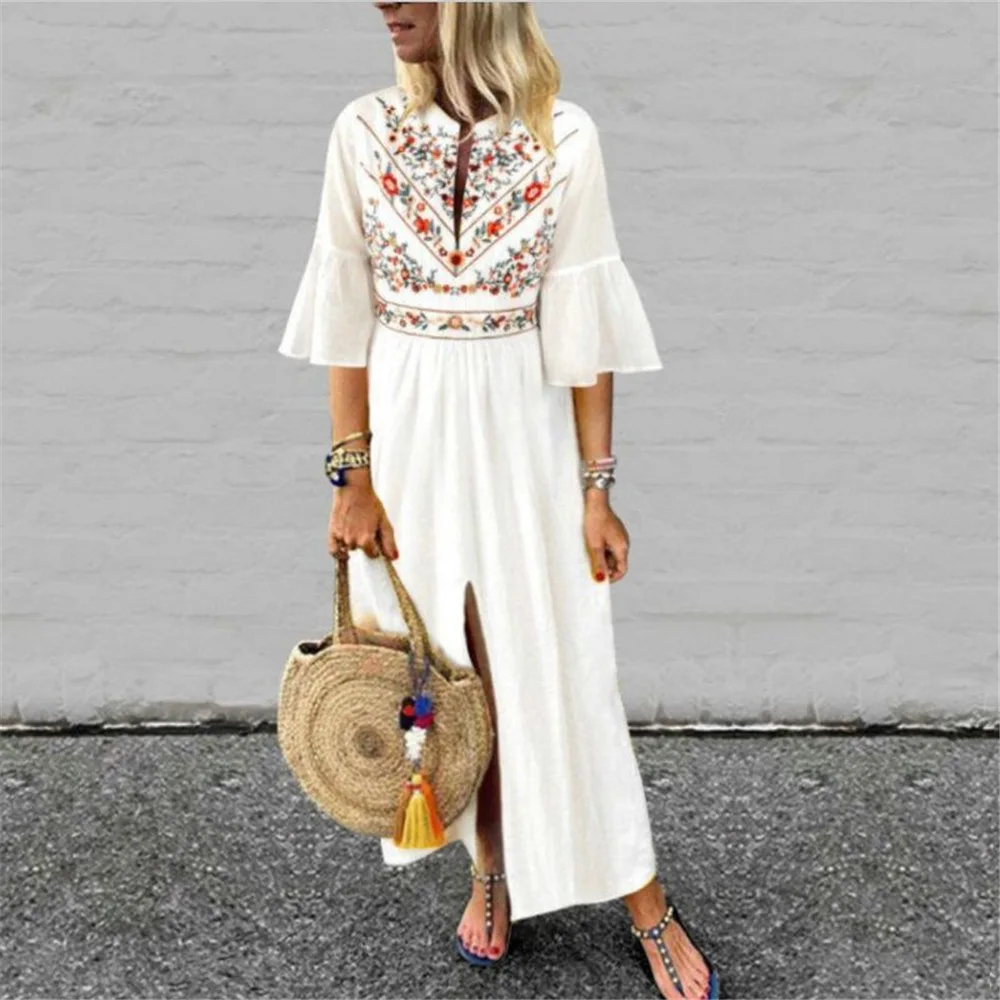 Fashion Vintage Print Patchwork A Line Women's Dress Summer Simple Casual Loose Irregular Split Flared Short Sleeve Dress Female